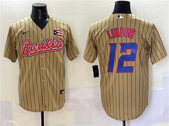 Mens Puerto Rico #12 Francisco Lindor Tan 2023 World Baseball Classic Stitched Jersey->2023 world baseball classic->MLB Jersey